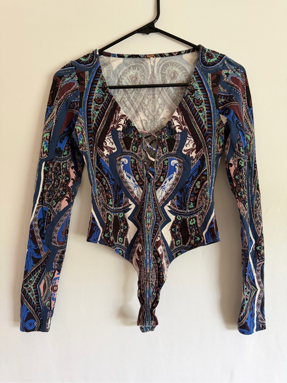 Free People Pick A Place Bodysuit Long Sleeve Sz XS Midnight Combo Blue Pattern